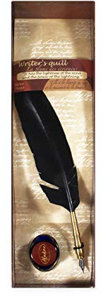 Aladine Schreibfeder, Schreibset, Kalligraphie-Set für Schreibfeder, Metall, echte Gänsefeder, inklusive Tintenflasche, Farbe: Schwarz
