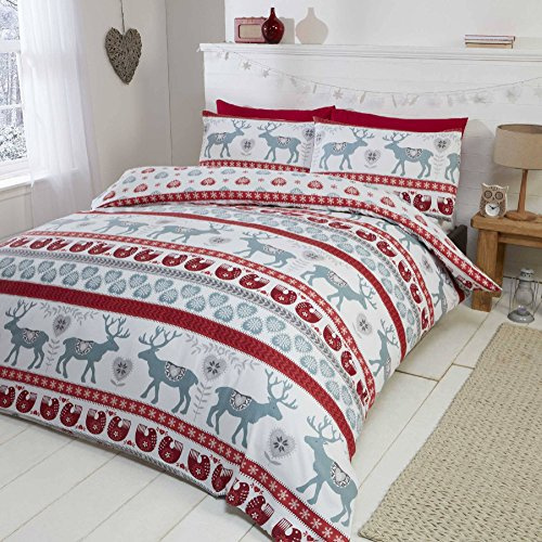 Parure de lit en Flanelle 100% Coton brossé avec Housse de Couette et 2 taies d'oreiller, Coton, Red, King
