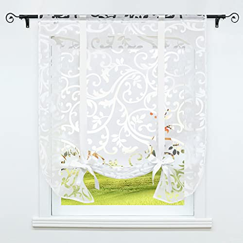 CORLIF Tenda a pacchetto con coulisse, per cucina, dévoré, trasparente, alla moda, per finestra corta, con motivo a tralci, bianco, 140 x 140 cm (larghezza x altezza), 1 pezzo
