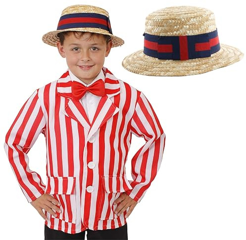 Déguisement de barbier pour enfant des années 1920 – Blazer rayé rouge et blanc + chapeau bateau de paille – Costume de barbier pour garçon pour la journée mondiale du livre (Moyen)