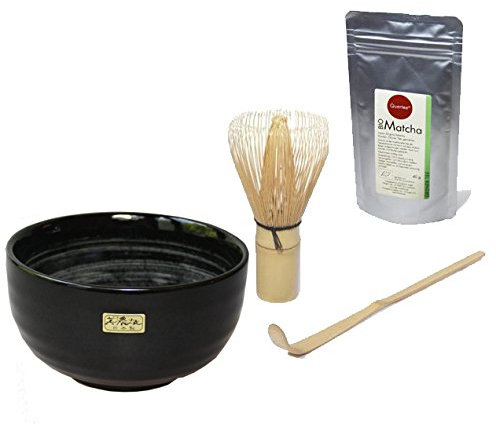 Matcha Set - Bio Matcha Pulver - 40 g im Alu-Zip-Beutel PLUS Original japanische Matcha Schale Aqua - 400 ml PLUS Matcha Besen Chasen - Matchabesen PLUS Matcha Bambuslöffel Chashaku