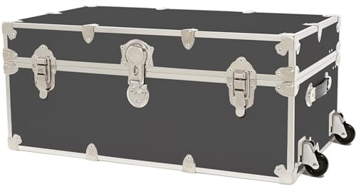 Rhino Trunk & Case Large Armor Camp Trunk with Removeable Wheels - Secure Dorm Storage Chest, Ideal Summer Camper Footlocker, Strong College Trunks - Seats 1000+ Pounds - 32x18x14 (Slate)