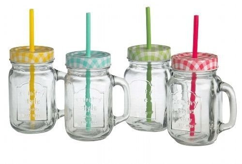 Unbekannt Trinkgläser mit Henkel mit Deckel und Trinkhalm 4 Gläser Set a 0,5l