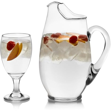 Libbey Carolina Entertaining Set with 6 Glass Goblets and Large Glass Pitcher, Clear, Elegant Water Goblets, Modern Lemonade Jar for Casual Gatherings