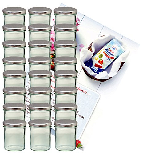 MamboCat 24er Set Sturzglas 350 ml Marmeladenglas Einmachglas Einweckglas to 82 silberner Deckel incl. Diamant-Zucker Gelierzauber Rezeptheft