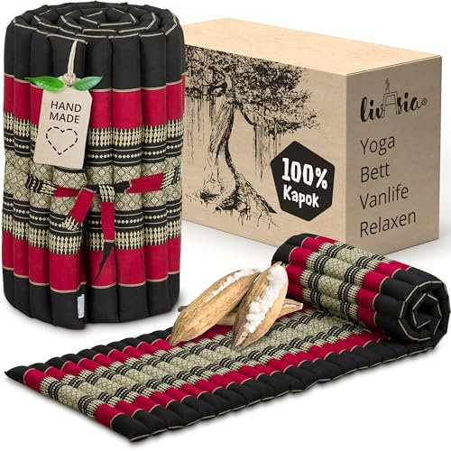 livasia Rollmatte Rollmatratze S schmal - 200x50x4,5cm - Gästebett Gästematratze 1 Person mit Muster, Reisebett Kofferraum outdoor, Thaimatte Kapok für Garten Balkon handgefertigt (Schwarz/Rot)