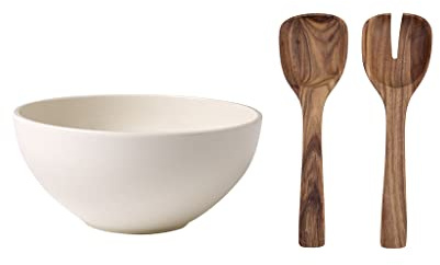 Villeroy & Boch Artesano Original Salatschüssel-Set, 3-teilig, Premium Porzellan/Holz, Weiß