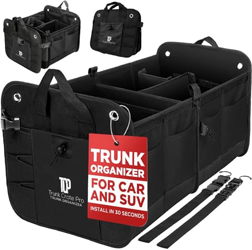 TRUNKCRATEPRO Trunk Organizer For Car, Suv, Truck | Premium Adjustable Multi Compartments Collapsible Car Trunk Organizer With Securing Straps & Non-Slip Bottom (Large Size, Black)