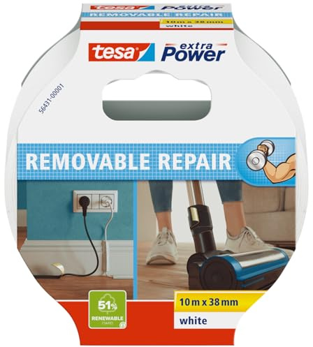 tesa extra Power Removal Repair – slitstark vävtejp med stark vidhäftning – rivbar för hand – lämnar inga spår vid borttagning – 10m x 38mm – vit