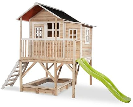 EXIT Toys Loft 550 trälekstuga för utomhusbruk med odling och sandlåda – vattentätt trädgårdshus av trä för barn – enkel montering – 100 % FSC cederträ – 382 x 190 x 253 cm – natur