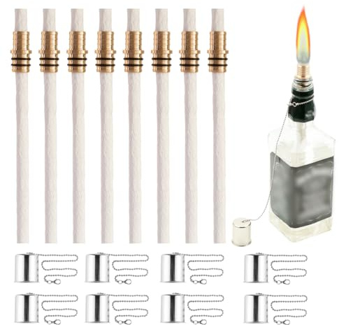 Wine Bottle Torch Kit 8 Pack, Includes 8 Long Life Torch Wicks, Lamp Cover & Brass Wick Mount(13.7 Inch,Bottle not Included)