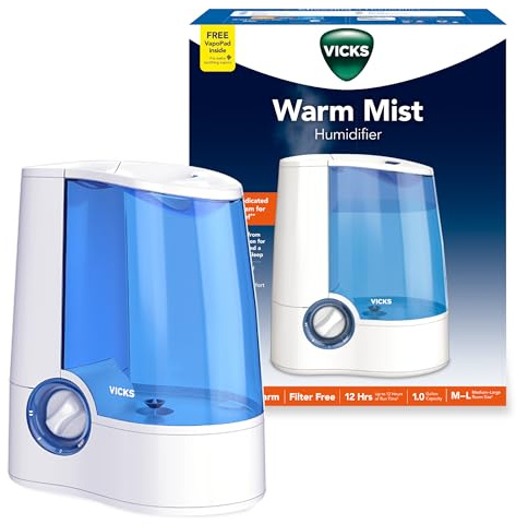 Vicks Warm Mist Humidifier Filter-Free 1-Gal Tank, Auto Shut-Off, Night Light, VapoPad and VapoSteam Compatible