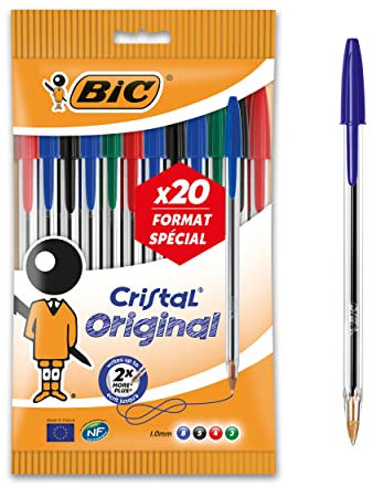 BIC Cristal Original Stylos-Bille Pointe Moyenne (1,0 mm) - Parfait pour l'Ecole et au Bureau - Couleurs Assorties, Pochette Format de 20