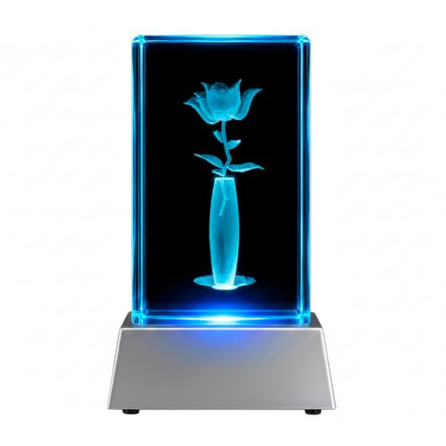 Kaltner Präsente Stimmungslicht - Das perfekte Geschenk: LED Kerze/Kristall Glasblock / 3D-Laser-Gravur/Motiv Rose in Vase