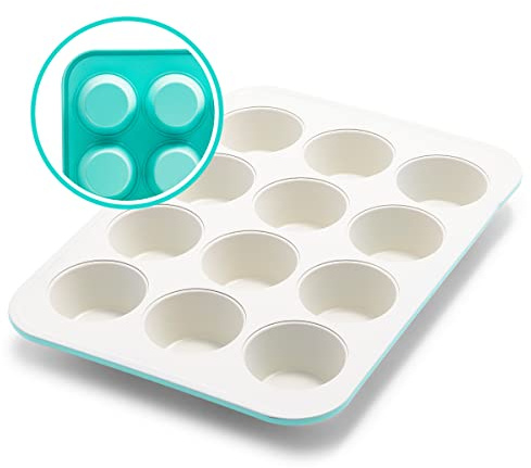 GreenLife 12-Cup Muffin Pan, PFAS-Free Healthy Nonstick Baking Tray, 11.4 x 1.9 x 15.9, Durable Ceramic Bakeware, Cupcakes, Egg Bites, Tarts, Brownies, Turquoise