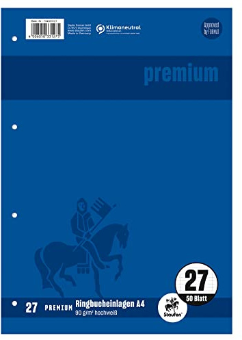 Staufen Premium Ringbucheinlagen - DIN A4, Lineatur 27 (9mm liniert mit Randlinie), 50 Blatt, 4-fach Lochung, 90g/m² Premium Papier, 1 Stück