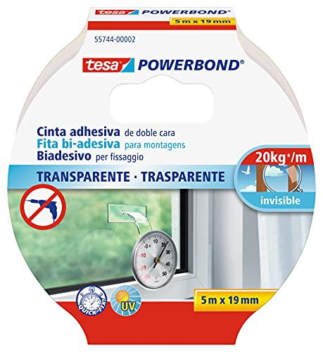 Cinta adhesiva de montaje de doble cara tesa Powerbond (5 m x 19 mm), transparente