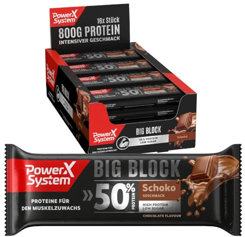 Power System Big Block Schoko, 50 g Protein pro Eiweißriegel, 16 x 100 g | Proteinriegel mit 50 % Eiweiß und wenig Zucker, ideal nach dem Training, fürs Büro und unterwegs, Maxi-Portion