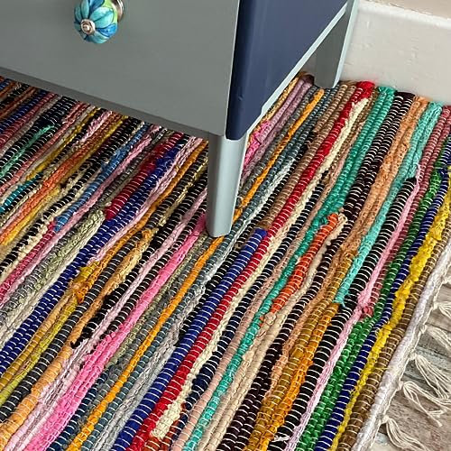 Second Nature Online - SHANTI Multi Coloured Rug | Hand Woven | Eco-Friendly: 100% Recycled Fabric | Ethically Sourced | Flat Weave (90 cm x 150 cm)