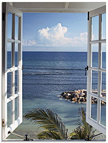 ARTLAND Wanddeko Glasbilder Wandbild Glas Bild einteilig Hochformat Strand Meer Küste Palmen Ausblick Natur Fensterblick Maritim Blau T9II