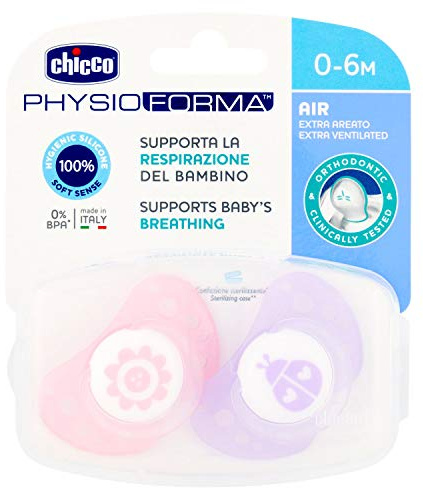 Chicco PhysioForma Air Schnuller, Baby Schnuller 0-6 Monate mit Silikon-Sauger, 2 Stück, Schnuller Unterstützt Physiologische Atmung und Fördert Korrekte Entwicklung des Mundes, rosa