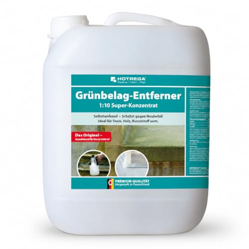 HOTREGA Grünbelagentferner 10L Konzentrat | Algenreiniger gegen Grünbelag | Säurefreie Reinigung von Stein, Holz & Kunststoff | pH-neutral | Ideal für Terrasse, Fassade, Dach & Gartenmöbel | 1:10 Mix