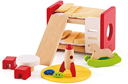 Hape Children’s Room, Highly Detailed Kid’s Room Doll House Furniture Set Including Bunk Beds, Table, Chairs and Rocket Ship
