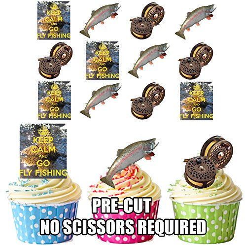 AK Giftshop PRE-CUT Keep Calm Fly Fishing - Edible Cupcake Toppers/Cake Decorations (Pack of 12)