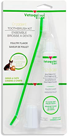 Vetoquinol Enzadent Enzymatic Toothpaste Kit + Fingerbrush & Dual-End Toothbrush for Cats & Dogs – 3.2 oz, Poultry Flavor – Oral Dental Care Kit: Removes Plaque, Polishes Teeth & Freshens Breath