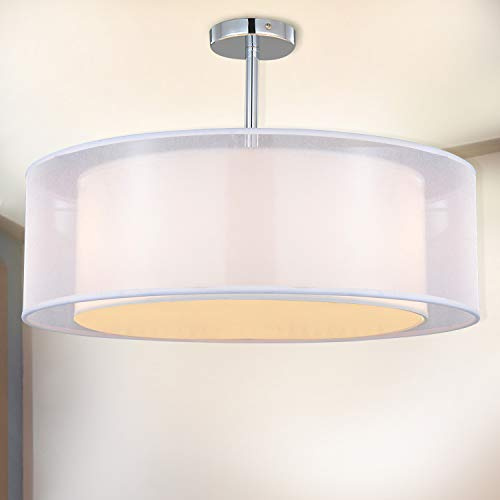 SPARKSOR Deckenleuchte, Stoff Deckenlampe, Weiß Rund Pendelleuchte für Wohnzimmer Schlafzimmer Küche Esszimmer, Durchmesser 50cm, Chrom matt, Warmweiss 3-flammig E27