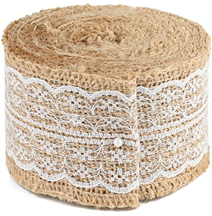 G2PLUS 5M Juteband mit Spitze, 6CM Vintage Basteln Jutebänder, Jute Spitze Dekoband für Hochzeit Geschenke Weihnachten Deko