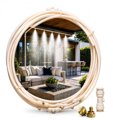 O'FRESH Sprühnebel terrasse - Set mit 10m - Schlauch und 7 Nebeldüsen | Verdunstungskühlung-Bewässerungsystem | Wasser-Zerstäuber und Bewässerungs - Sprühnebel-Kühlung für Terrasse, Garten - Beige