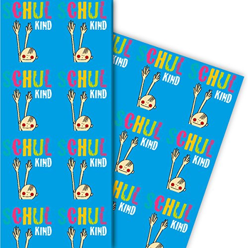 Lustiges Geschenkpapier zu Einschulung mit Jungen Schulkind , hellblau, zum Schulanfang 32 x 48cm (4 Bögen) Dekorpapier, Papier zum Einpacken, für tolle Geschenk Verpackung und Überraschungen