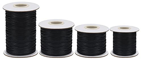 HANDI STITCH Schwarz Faden für Armbänder (4 Stärken) - 0,5/1/1,5/2mm Dicke - Jede Spule ist 50 m - Polyesterkordel Gewachst für Halsketten, Fußkettchen, Armbänder & DIY-Bastel Deko