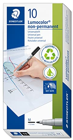 Staedtler Lumograph Non-Permanent Wet Erase Marker Pens, Medium Tip Refillable Colored Marker, Black, 315-9