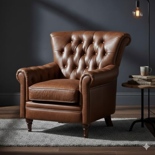 Phoenixarts Chesterfield Ledersessel Braun Echtleder – Vintage Leder Clubsessel – Chesterfield Sessel – Retro Armchair für Wohnzimmer Büro Herrenzimmer