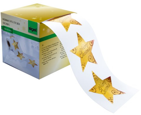 SIGEL Stickers de Noël en rouleau 4,70 x 4,70 cm | CS112, rouleau de 200 autocollants, étoiles dorées