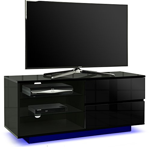 Centurion Supports Unterstützt Gallus Premium Hochglanz-Schwarz mit 2 schwarzen Schubladen und 3 Einlegeböden 81,3 cm - 139,7 cm LED/OLED/LCD-TV-Schrank mit 16 farbigen LED-Lichtern