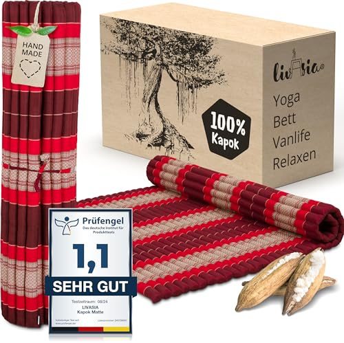 livasia Rollmatte Rollmatratze L-200x110x4,5cm, Gästebett Gästematratze 1 Person, Reisebett Kofferraum Outdoor, Thaimatte Kapok, Garten Balkon handgefertigt rubinrot