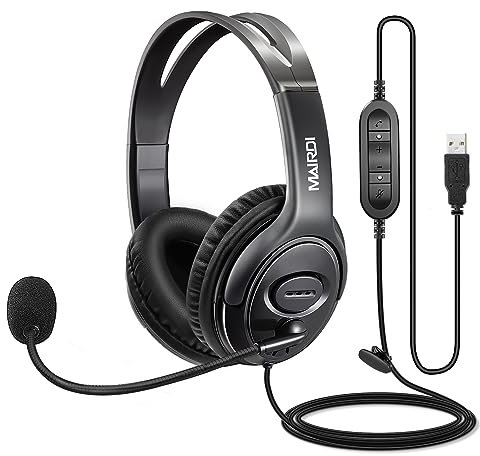 USB Headset with Noise Cancelling Microphone for Office Call Center Skype Teams Business Softphone Conference, Stereo PC Headphone w/ Mic Mute for Voice Recognition Speech Dictate School Education