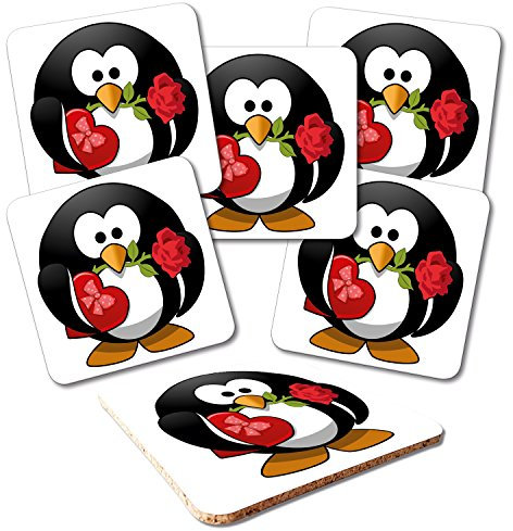ADDIES Glas-Untersetzer 6-TLG.Set Bedruckt Motiv Cartoon Pinguin-04 Komplett-Set in hochwertiger Klarsicht-Geschenkbox und Korkrückseite Linux