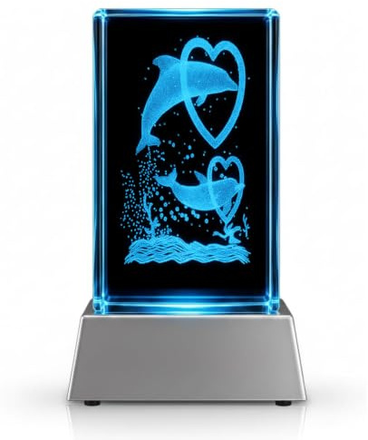 Kaltner Präsente Stimmungslicht - Das perfekte Delfin Geschenk: LED Kerze/3D Kristall Glasblock, Delphin Nachtlicht, LED Geburtstagsdeko, Schlafzimmer Deko