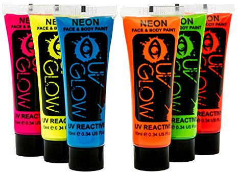 6 x 10ml UV-Bodypaint Körpermalfarben Schwarzlicht Fluoreszierende Schminke Bodypainting Neon Farben Leuchtfarben