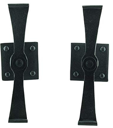 Renovators Supply Manufacturing Shutter Dogs Pair 5.75 in. Black Wrought Iron Propeller Design Shutter Dogs with Mounting Hardware