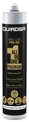 Quiadsa - BRIK-CEN PM-50 - Adhesivo elástico de polímero modificado - Negro - Pintable, sin disolventes ni siliconas, uso interior y exterior - Alta adherencia multisuperficie - 290 ml