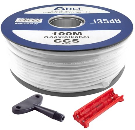 ARLI 100m Koaxialkabel max. 135 dB 5-fach geschirmt + Abisolierer Kabelmesser + Aufdrehhilfe Werkzeug Set Sat Antennenkabel 75 Ohm TV Kabel DVB-S2 DVB-T2 DVB-C2 BK Anlagen Satkabel HD 4K