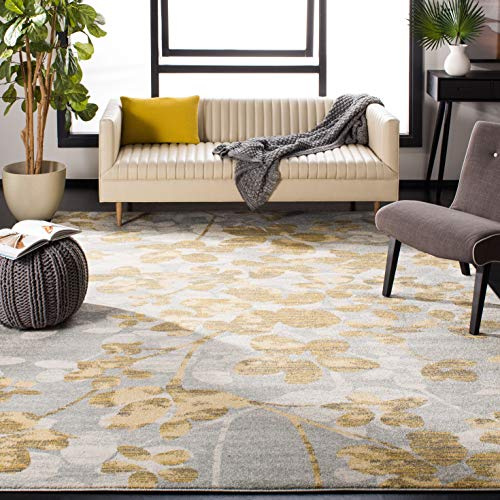 SAFAVIEH Evoke Collection Area Rug - 10' x 14', Grey & Gold, Floral Design, Non-Shedding & Easy Care, Ideal for High Traffic Areas in Living Room, Bedroom (EVK236P)