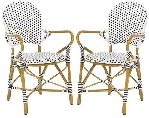 SAFAVIEH Outdoor - Hooper Stacking Arm Chair Set of 2 - Black & White - Faux Wicker & Aluminum Frame - Bamboo Bistro Design - Ideal for Patio, Deck, Sunroom, Dining, 17.3 Seat Height (FOX5209E-SET2)