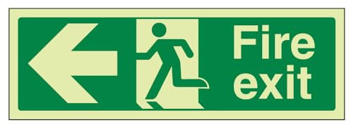 V Safety Glow in the Dark Fire Exit Sign with Left Arrow – 300 x 100mm Rigid Plastic – Emergency Escape Route Sign – ISO 7010 Compliant – Photoluminescent Safety Signage for Workplaces