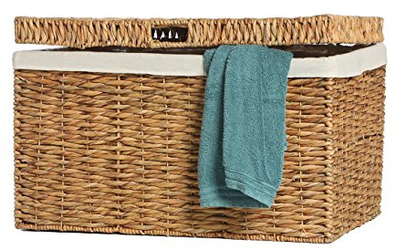 Casa Mina® Wäschetruhe mit Deckel 50 x 30 x 35cm hoch I Atmungsaktiver Wäschesammler geflochten aus 100% Naturfaser I Robuste Wäschebox mit Griffen & waschbarem Innensack I Wäschetruhe - Bali